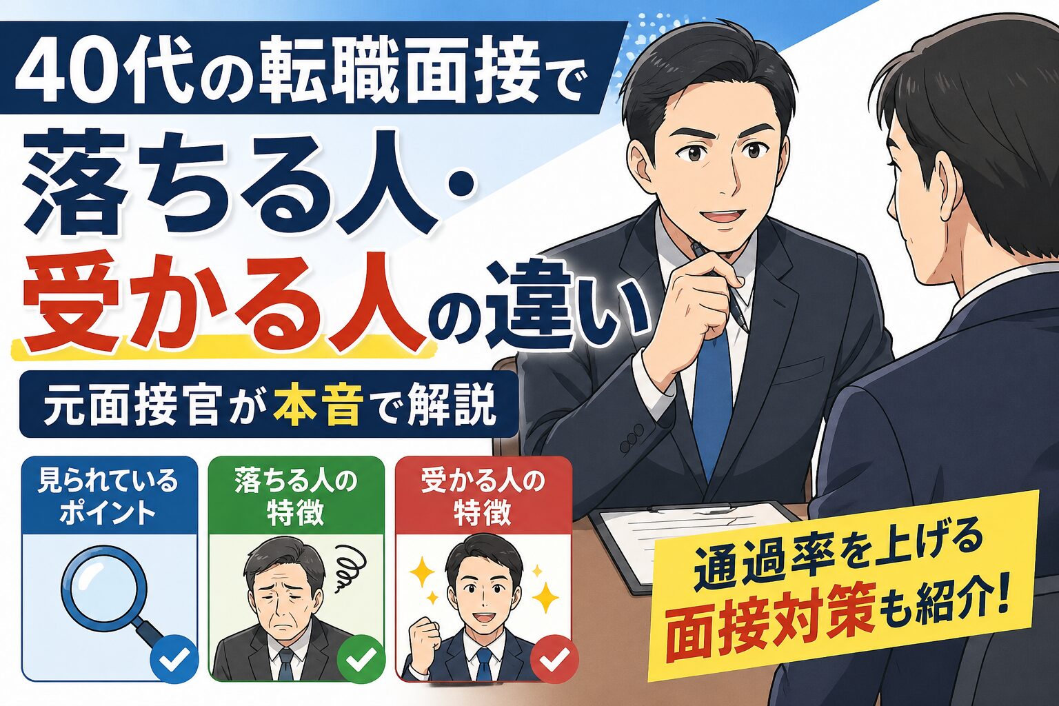 40代の転職面接で落ちる人と受かる人の違いを解説するアニメ風イラスト。スーツ姿の面接官と応募者が向き合い、面接対策や通過率アップのポイントを強調したデザイン。