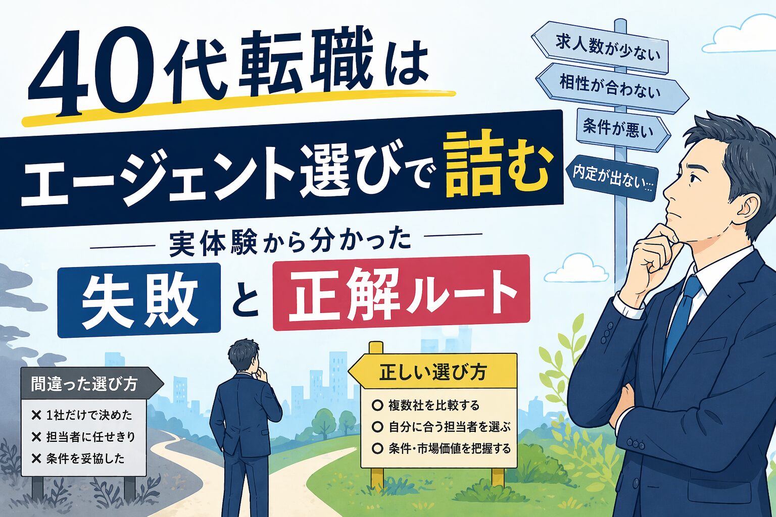 40代転職エージェント選びで失敗しない方法を解説したイラスト｜正しい選び方と比較ポイントを紹介