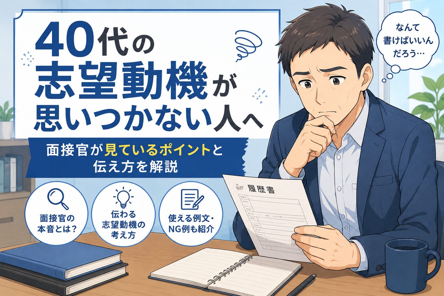 40代男性が履歴書を見ながら志望動機に悩んでいる様子を描いた、40代転職向けのアニメ風アイキャッチ画像。面接官が見ているポイントや志望動機の伝え方を解説する内容。
