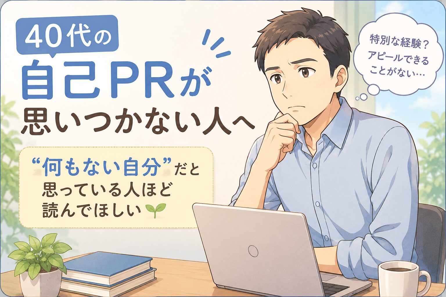 40代男性が自己PRに悩みながらパソコンを見るアニメ風アイキャッチ。転職面接で自己PRが思いつかない40代向けの記事イメージ。