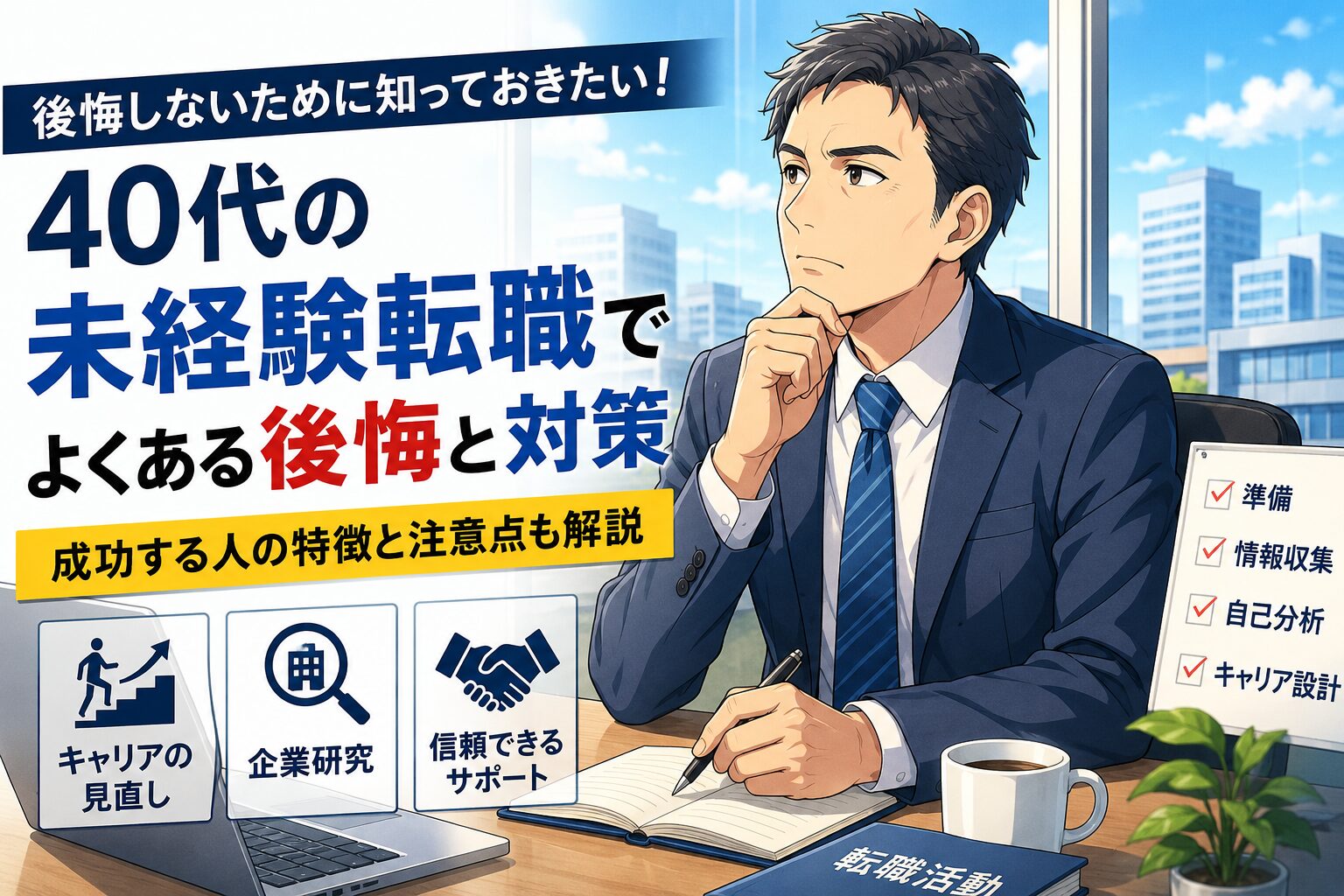 40代男性が未経験転職について悩みながら情報収集しているアニメ風アイキャッチ画像