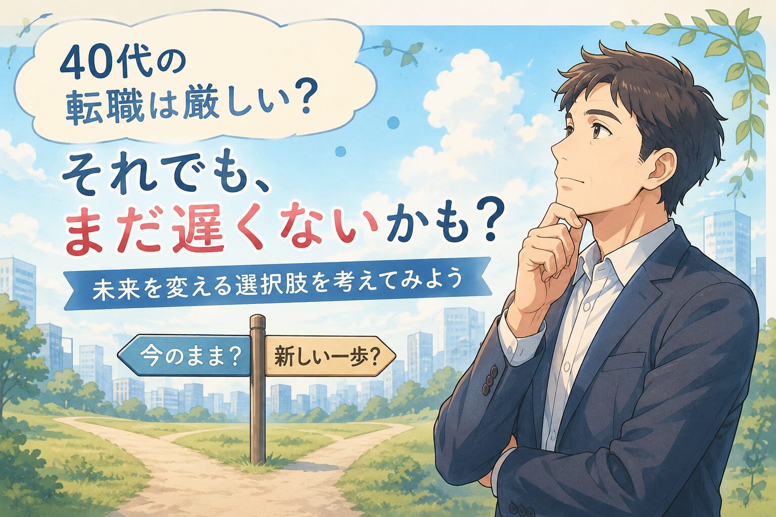40代男性が転職について前向きに考える様子を描いたアニメ風アイキャッチ。40代転職の不安と希望を表現。